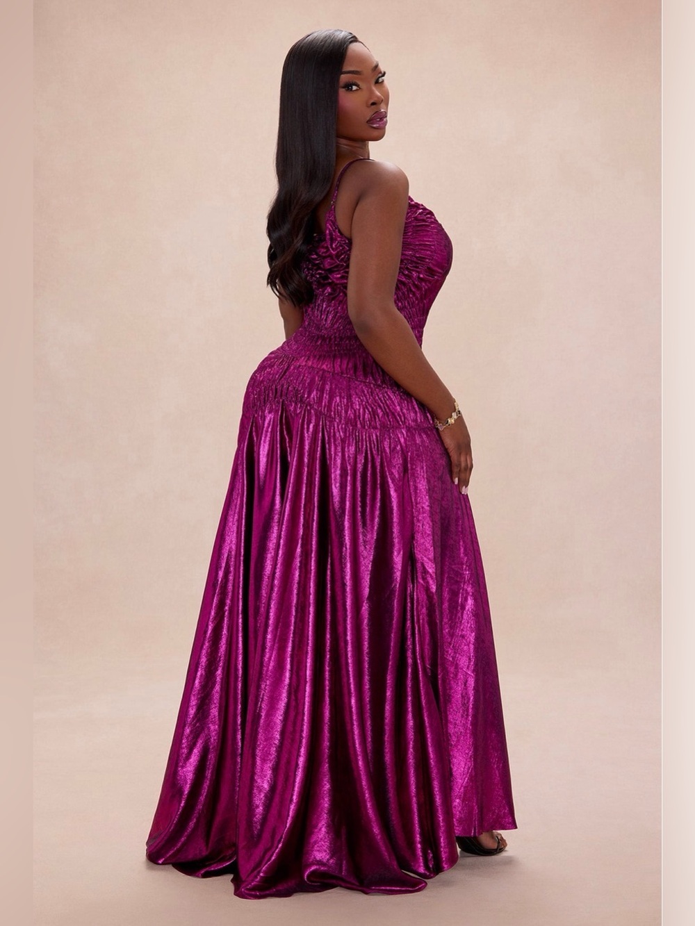 Metallic Plum Ruched High-Low satin Slip Dress - Picture 8 of 8